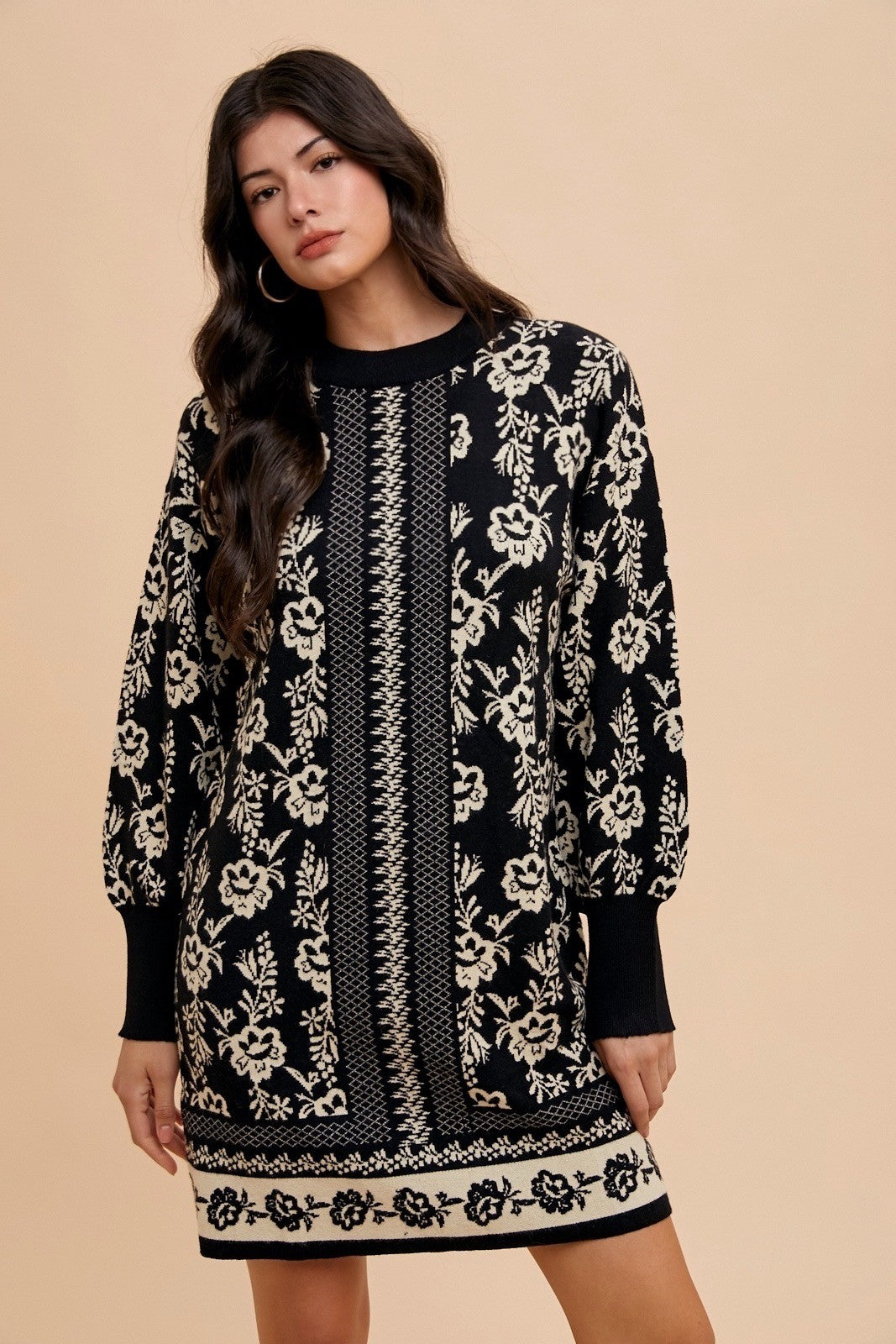 Annie Wear Floral Jacquard Puff Sleeve Sweater Dress