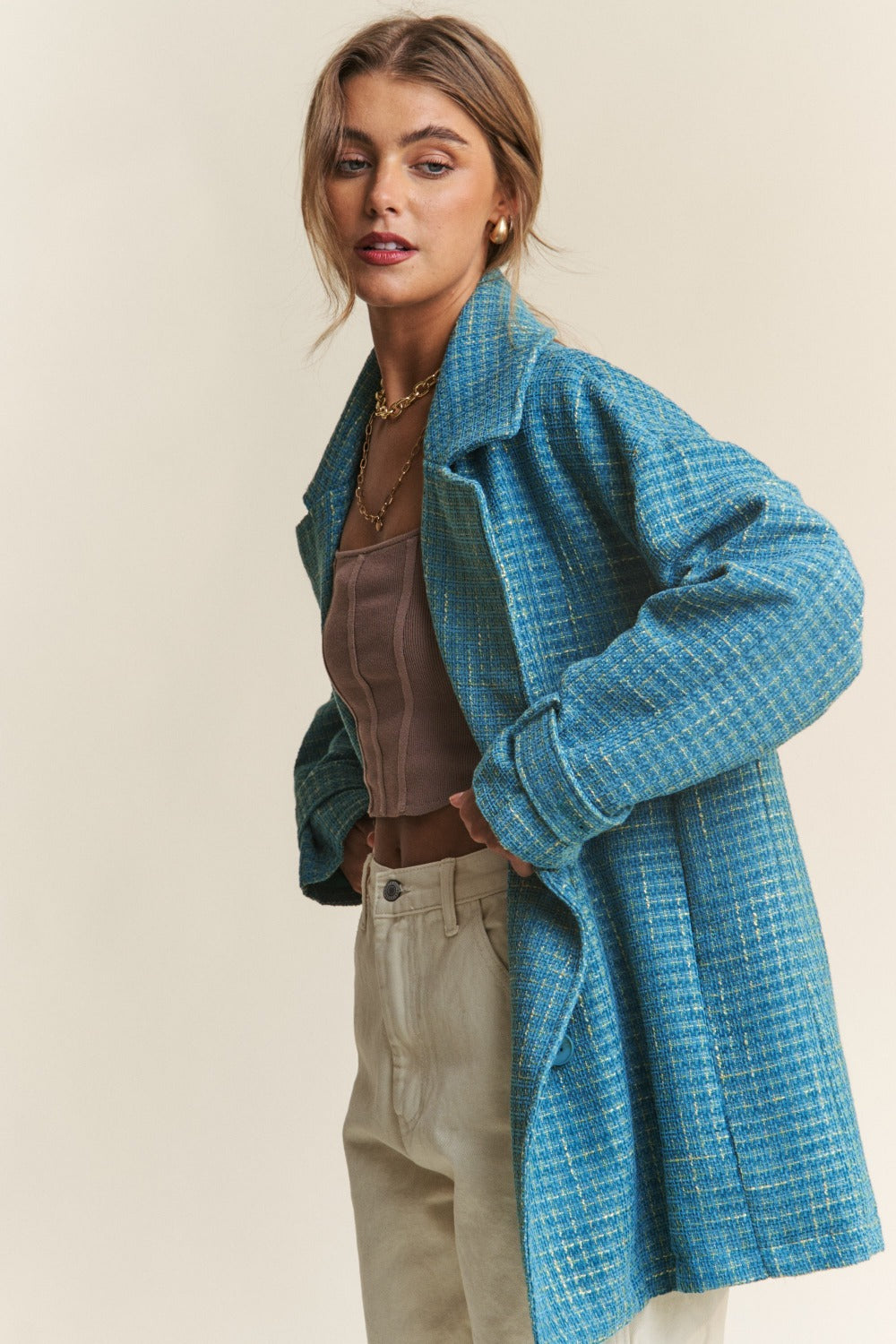 J.NNA Tweed Double-Breasted Long Sleeve Coat in a Gorgeous Emerald Sea Color