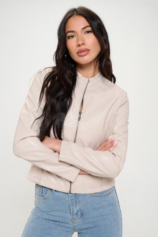 Coalition LA Vegan Faux Leather Zip Up Vegan Moto Jacket in Cream