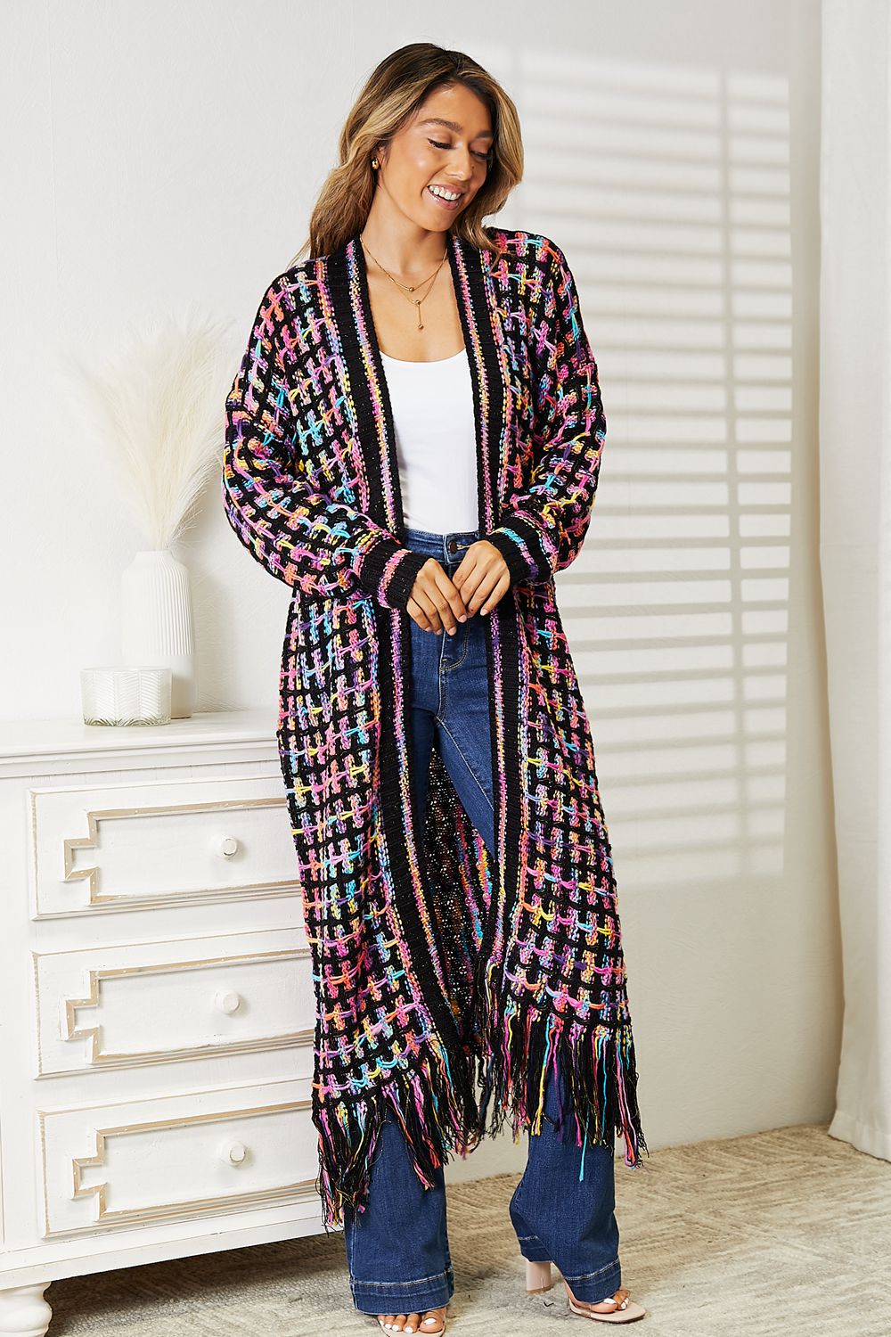 Angel Wings Multicolored Open Front Fringe Hem Cardigan