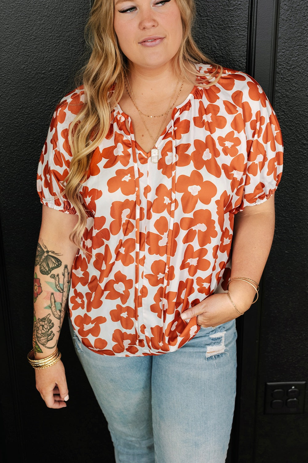 Orange Abstract Floral Printed Tie Neck Short Sleeve Blouse