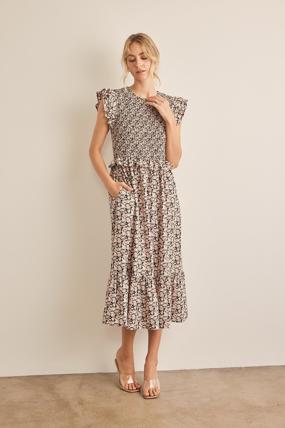 Floral Smocked Ruffled Midi Dress in Black & Peach Pattern