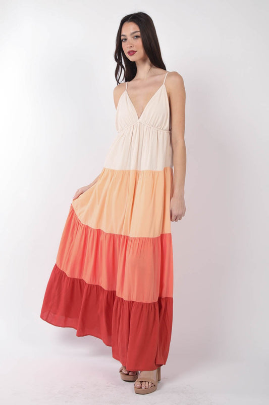 VERY J Sunset Color Block Tiered Maxi Cami Dress with Spaghetti Straps