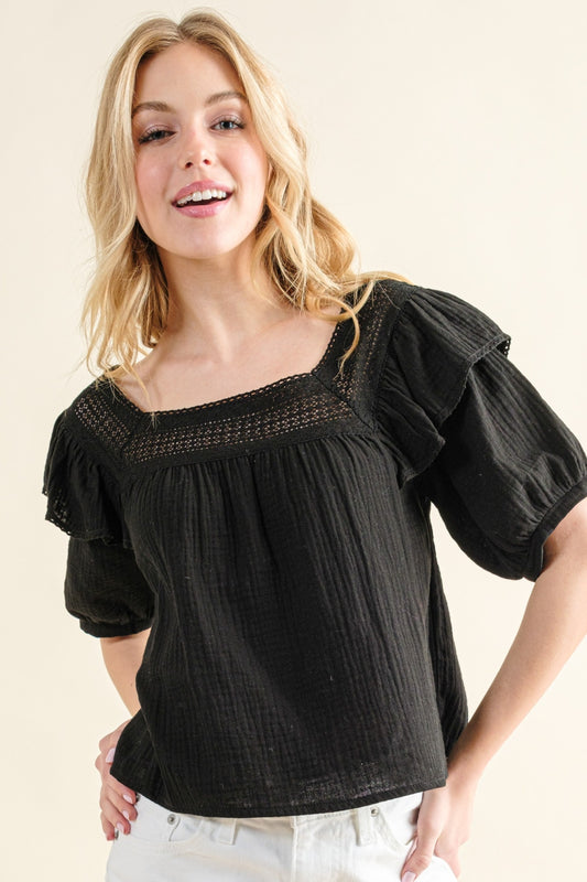 And The Why Sweet Square Neckline with Ruffled Puff Sleeve Blouse