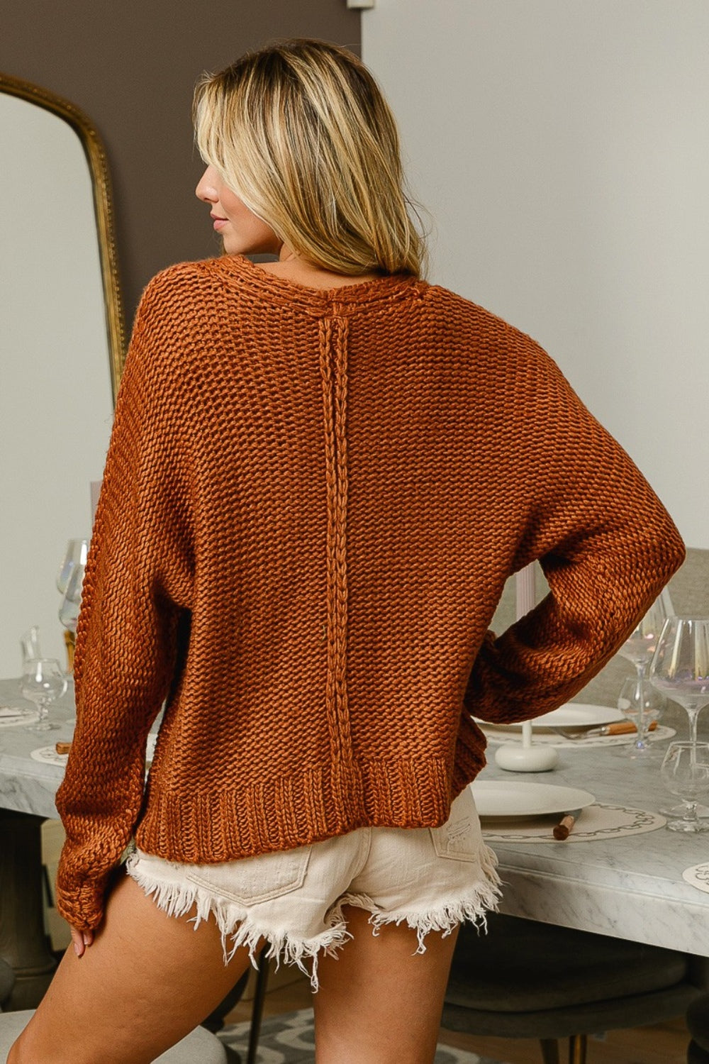 BiBi V-Neck Cable Knit Cinnamon Burtn Orange Sweater