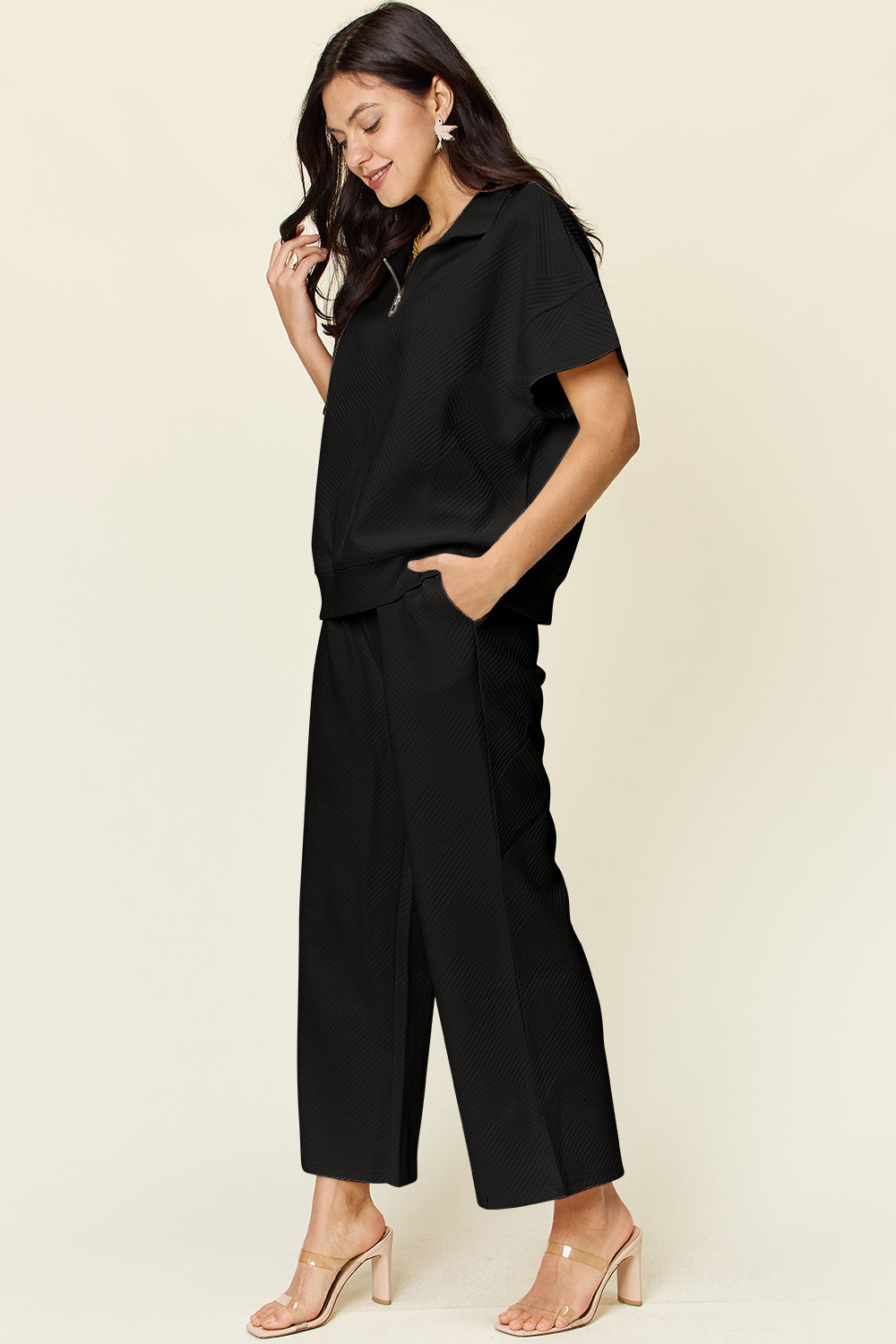 Double Take Texture Half Zip Short Sleeve Top and Pants Set Several Color Options