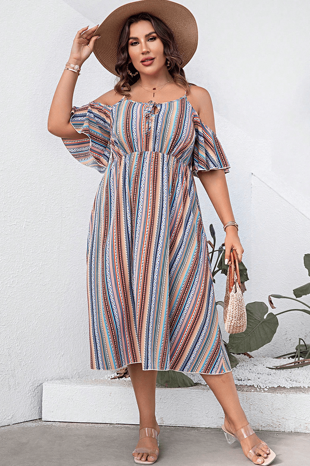 Beautiful Striped Cold-Shoulder Summer Vacation Midi Dress