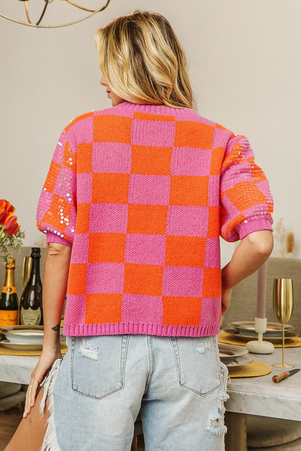 BiBi Checkered Short Sleeve Sequin Checked Sweater