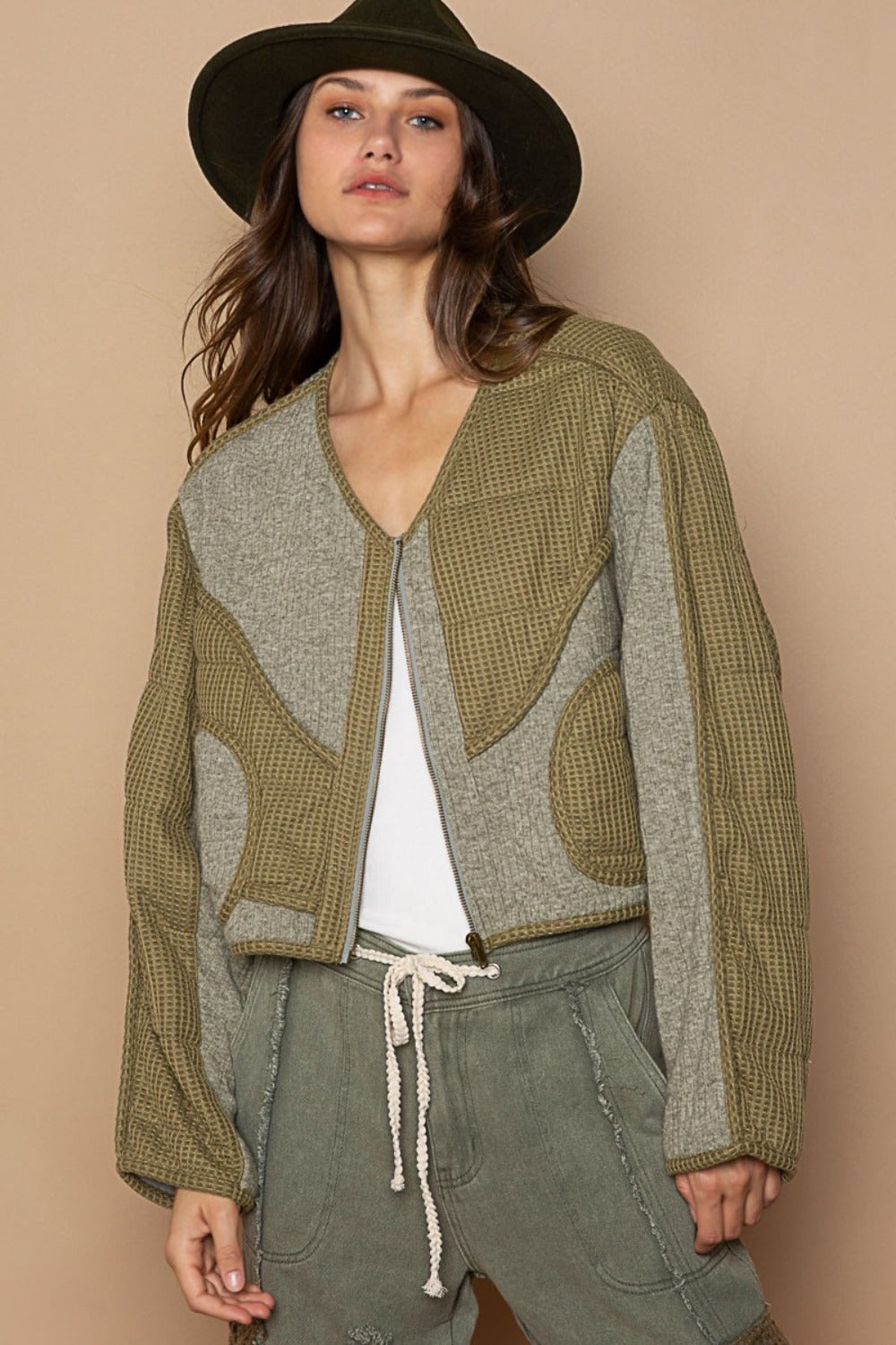 POL Quilted Knit Viding Detail Knit Patch Jacket in Olive