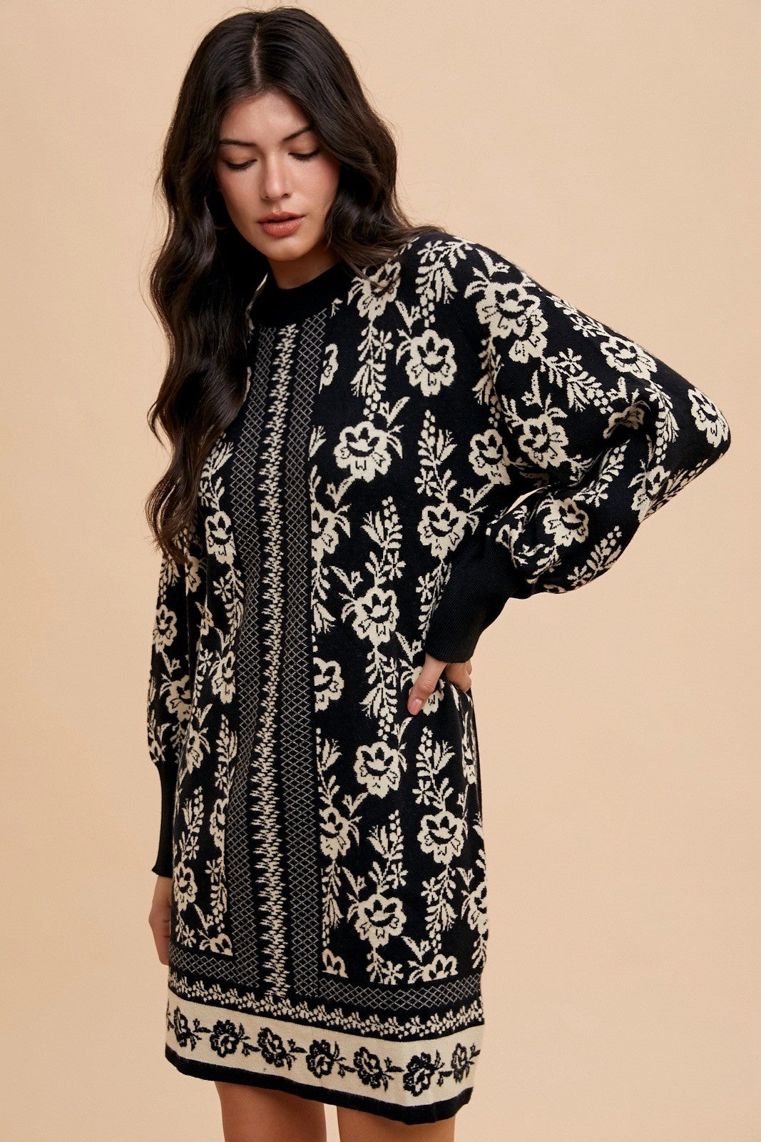 Annie Wear Floral Jacquard Puff Sleeve Sweater Dress