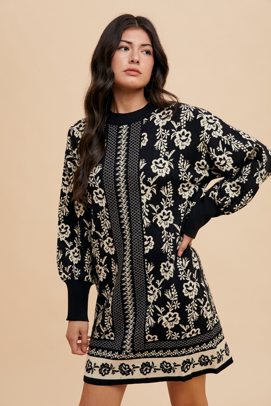 Annie Wear Floral Jacquard Puff Sleeve Sweater Dress