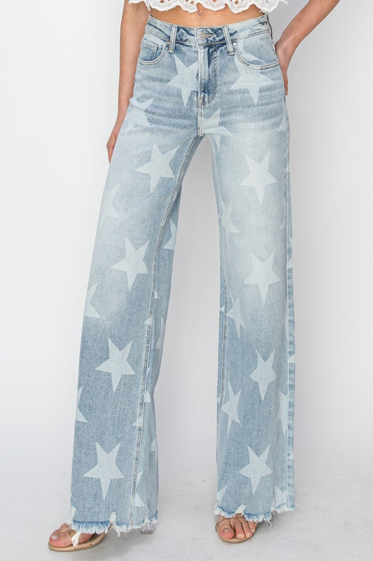RISEN Celebrate Independence Star Printed Light Denim with Raw Hem & Wide Leg Jeans