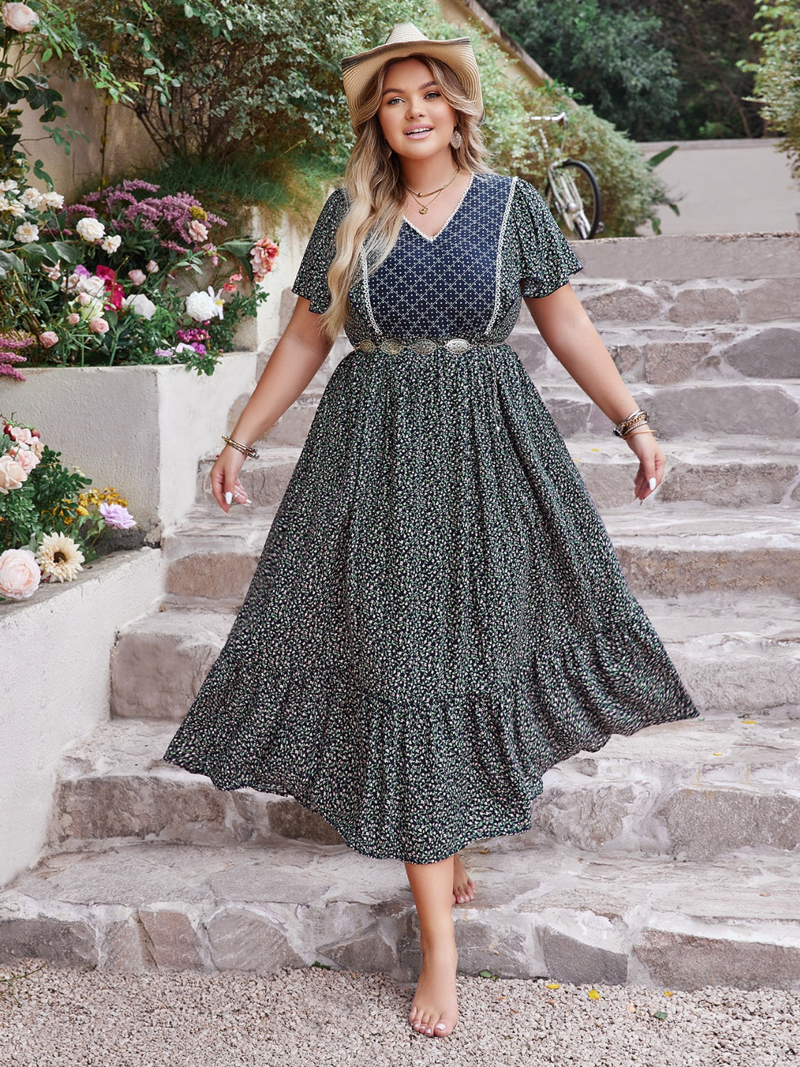 Printed V-Neck Flutter Sleeve Midi Dress