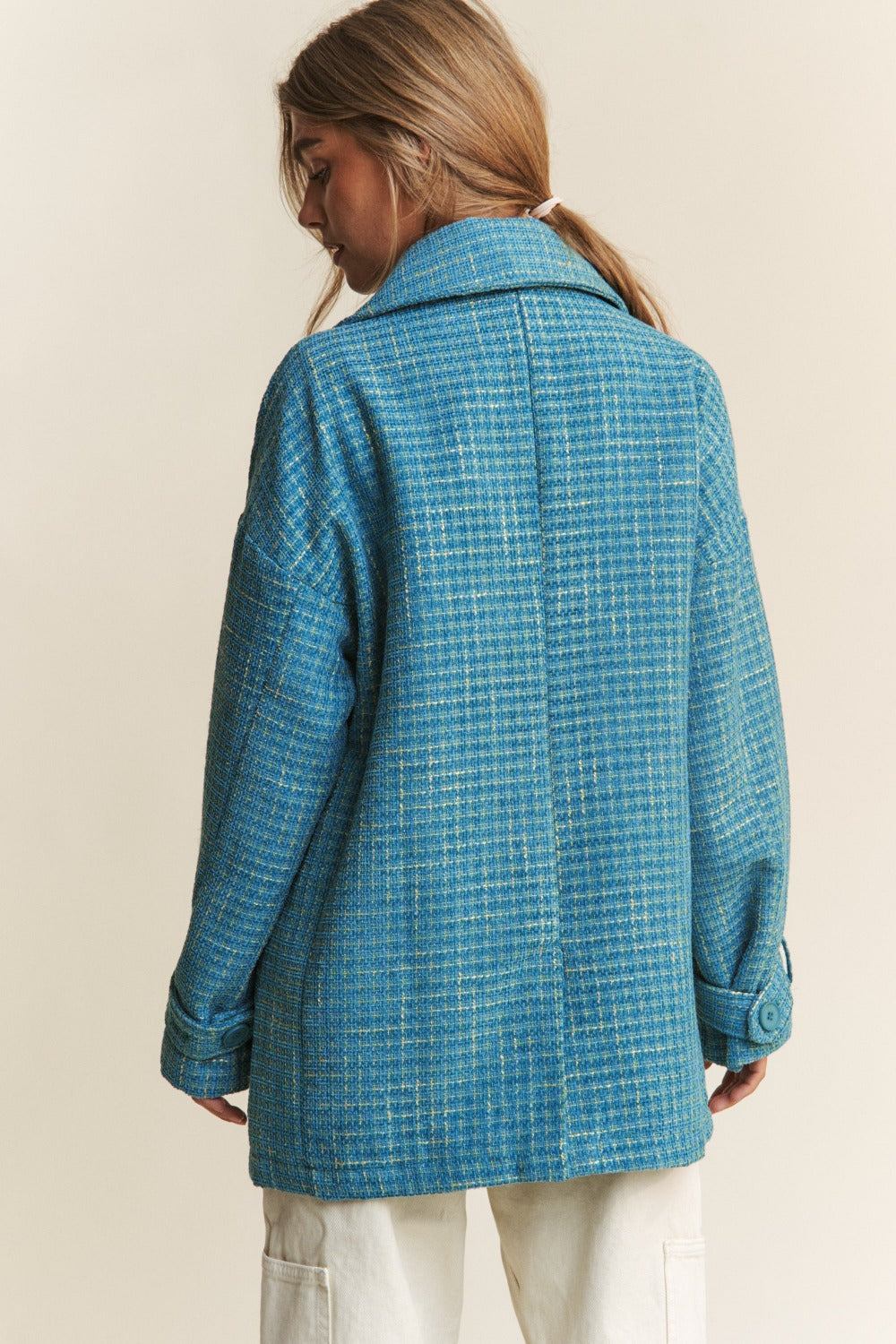 J.NNA Tweed Double-Breasted Long Sleeve Coat in a Gorgeous Emerald Sea Color