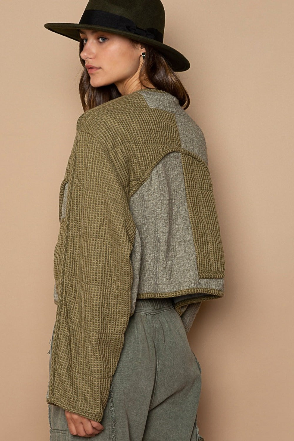 POL Quilted Knit Viding Detail Knit Patch Jacket in Olive