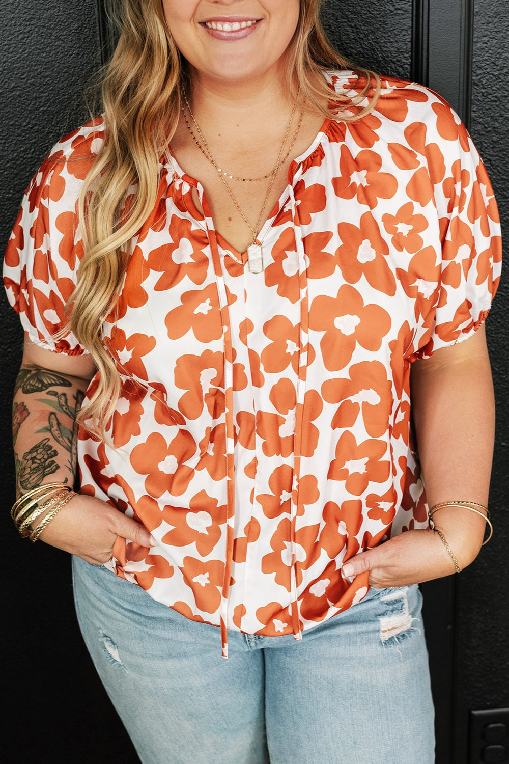 Orange Abstract Floral Printed Tie Neck Short Sleeve Blouse