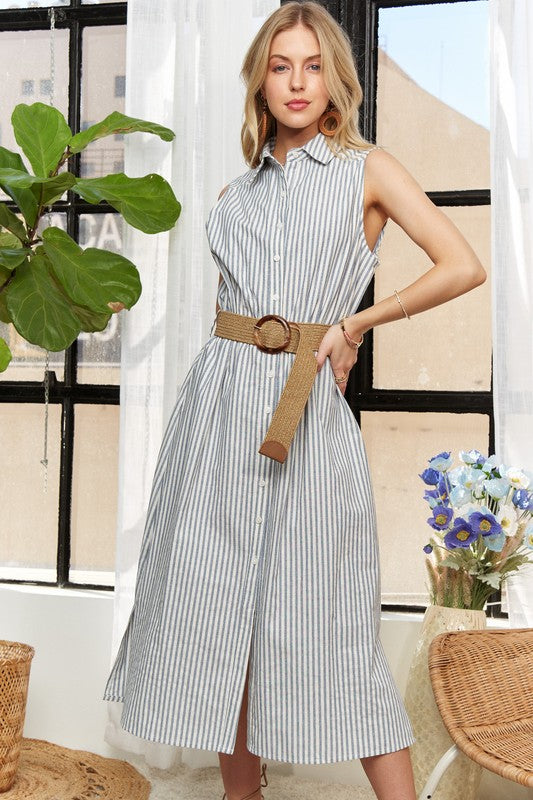 ADORA Cotton/Linen Blend Striped Button Down Sleeveless Midi Dress