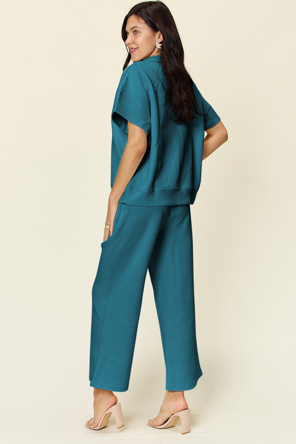 Double Take Texture Half Zip Short Sleeve Top and Pants Set Several Color Options