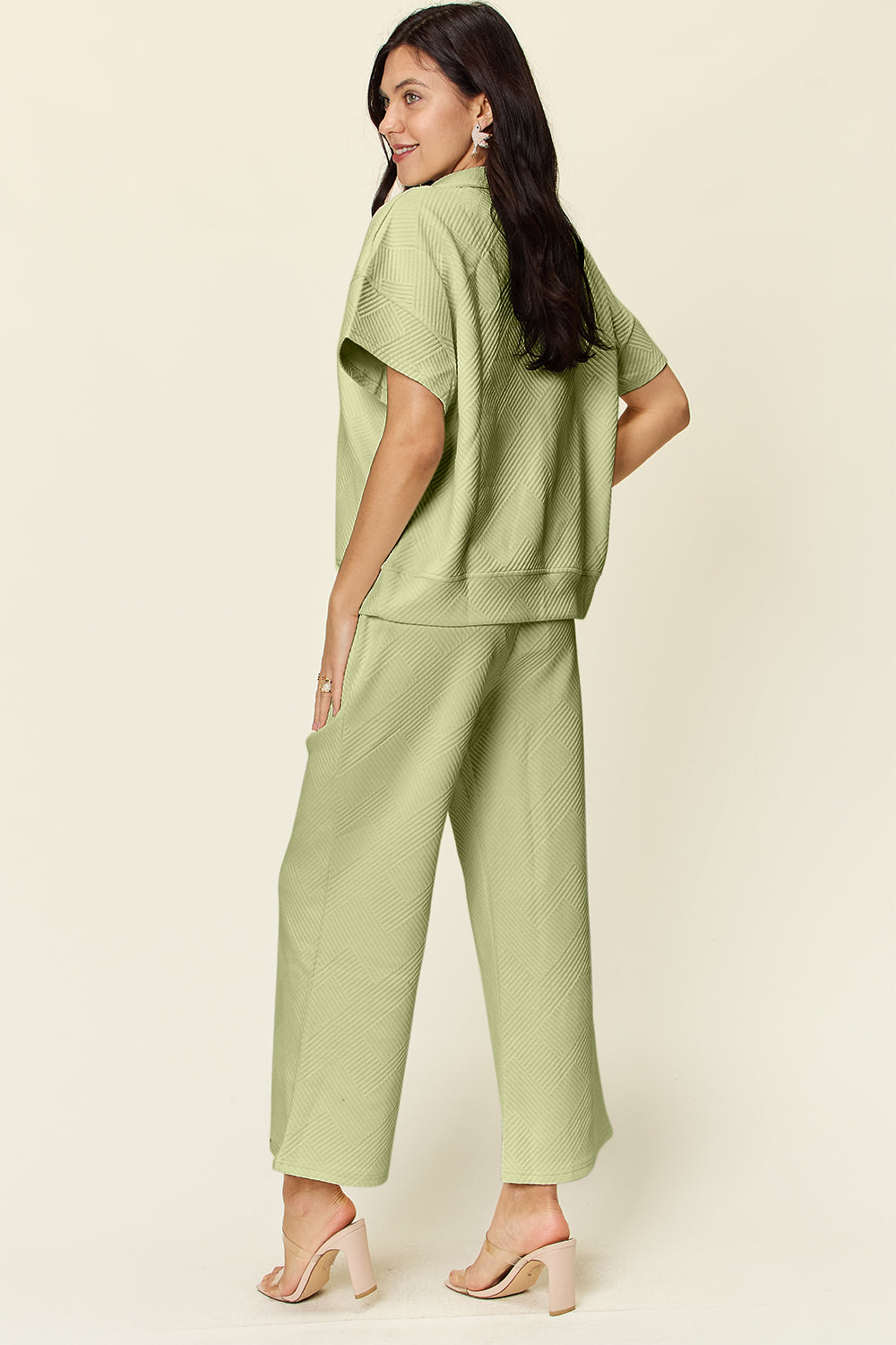 Double Take Texture Half Zip Short Sleeve Top and Pants Set Several Color Options