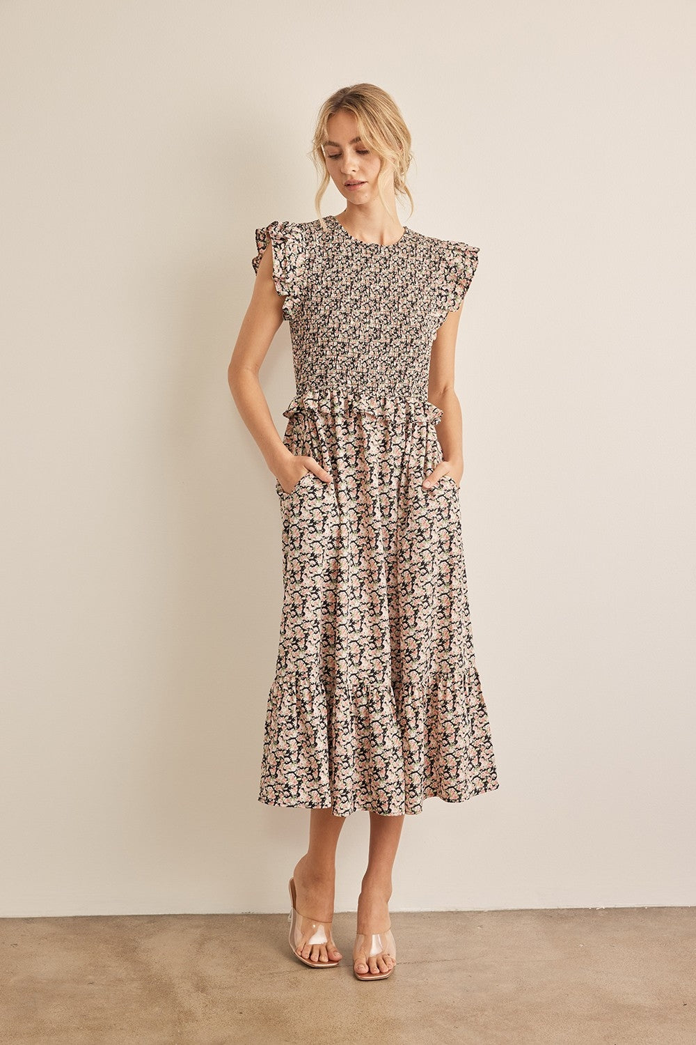 Floral Smocked Ruffled Midi Dress in Black & Peach Pattern