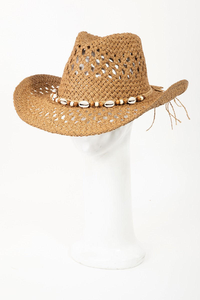 Fame Cowrie Shell Beaded String 100% Paper Sustainable Straw Cowboy Unisex Beach Vacation Hat