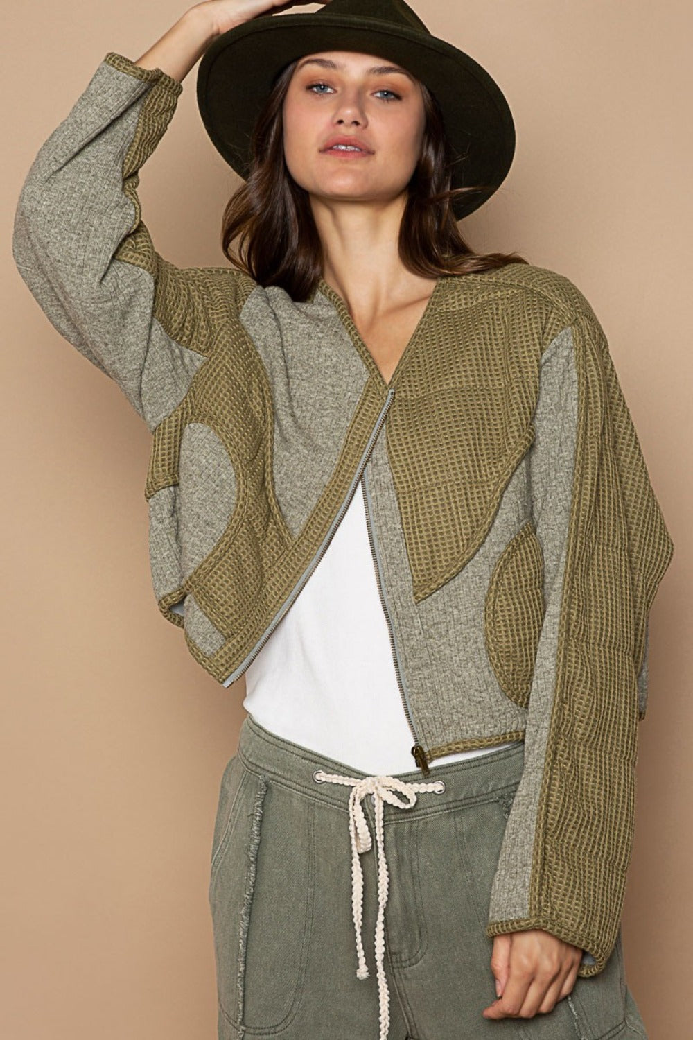 POL Quilted Knit Viding Detail Knit Patch Jacket in Olive