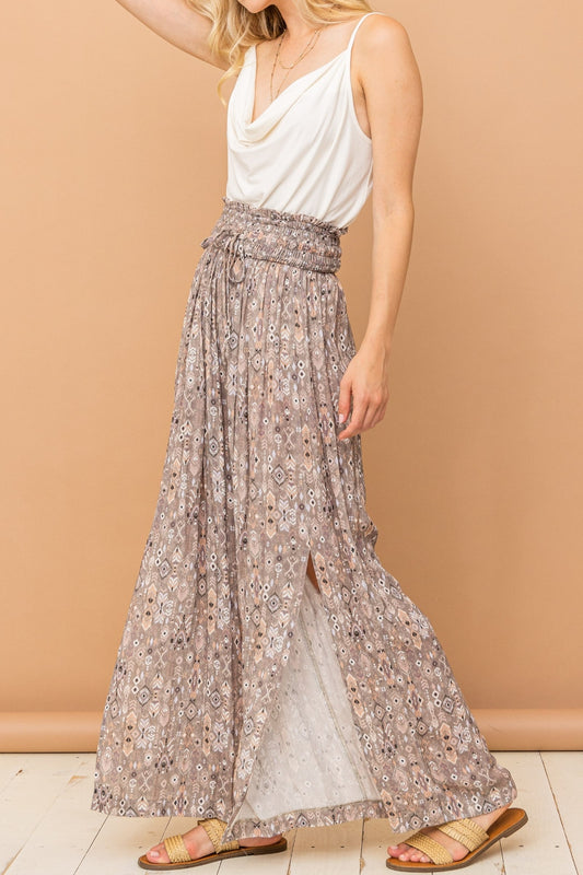 And The Why Muted Tone Printed Smocked Waist Slit Wide Leg Pants