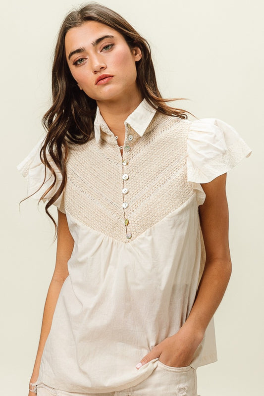 BiBi Half Button, Lace Trim and Ruffle Detail with Collar Short Sleeve Top
