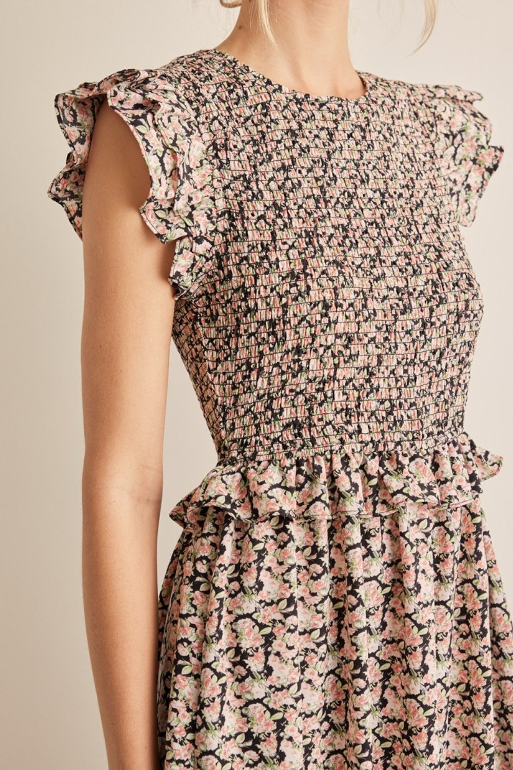 Floral Smocked Ruffled Midi Dress in Black & Peach Pattern