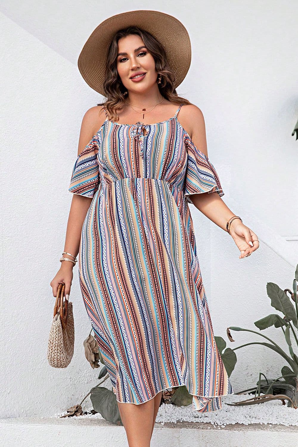 Beautiful Striped Cold-Shoulder Summer Vacation Midi Dress