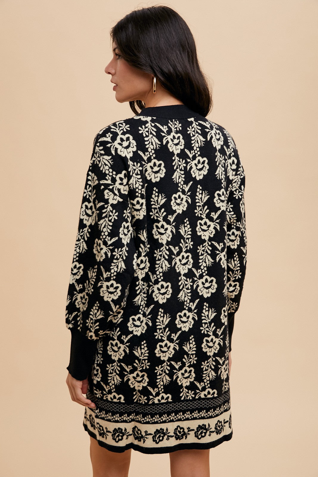 Annie Wear Floral Jacquard Puff Sleeve Sweater Dress