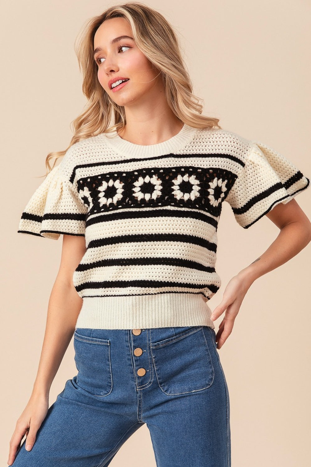 BiBi Granny Square Boho Frill Sleeve Sweater