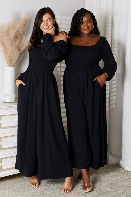 Double Take Black Square Neck Smocked Jumpsuit with Pockets