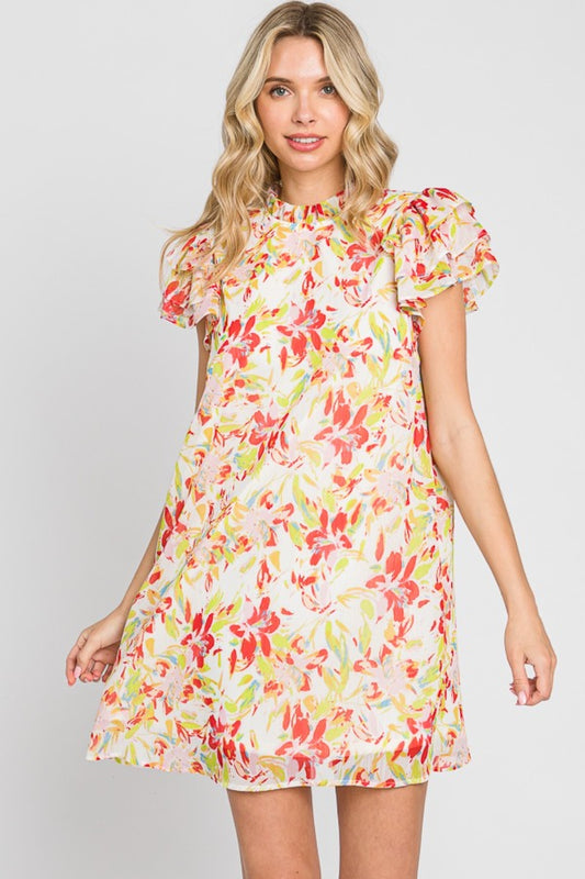 GeeGee Sweet Bright Floral Short Sleeve Mini Dress with Ruffle Cap Sleeve