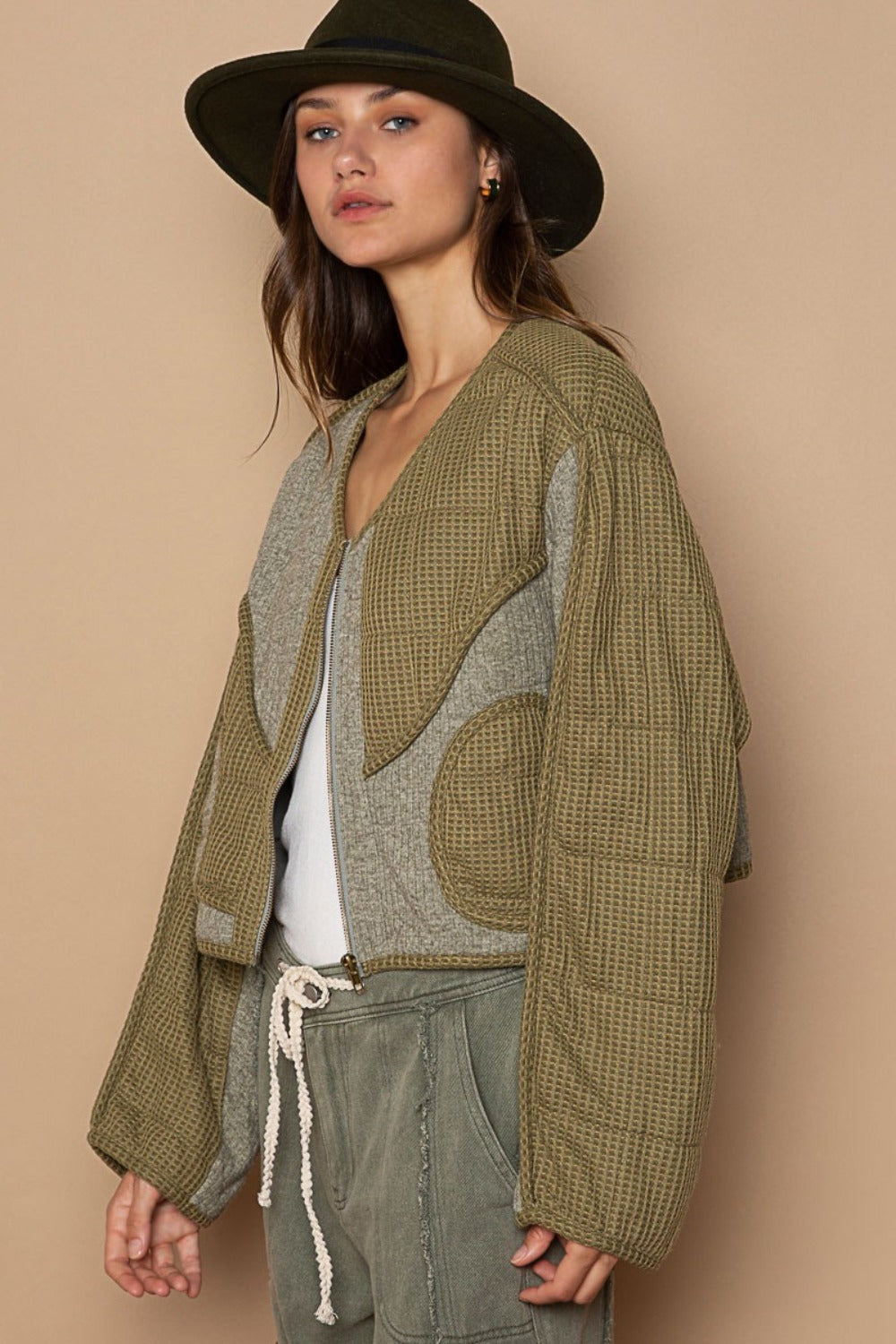 POL Quilted Knit Viding Detail Knit Patch Jacket in Olive