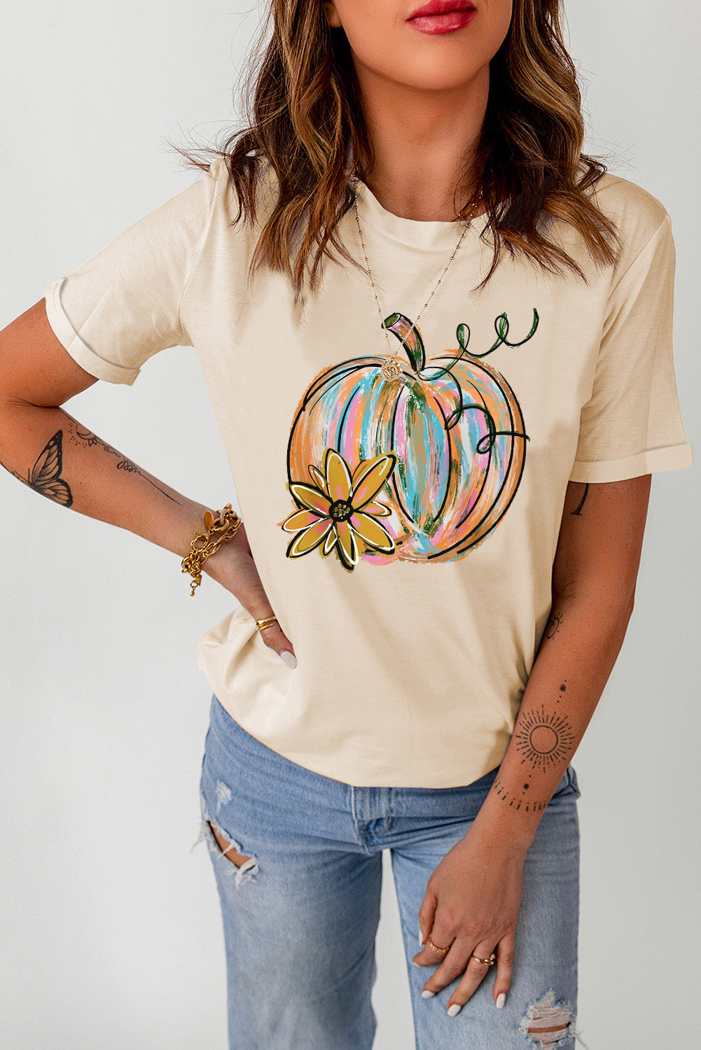 Colorful Pumpkin & Sunflower Graphic Round Neck T-Shirt