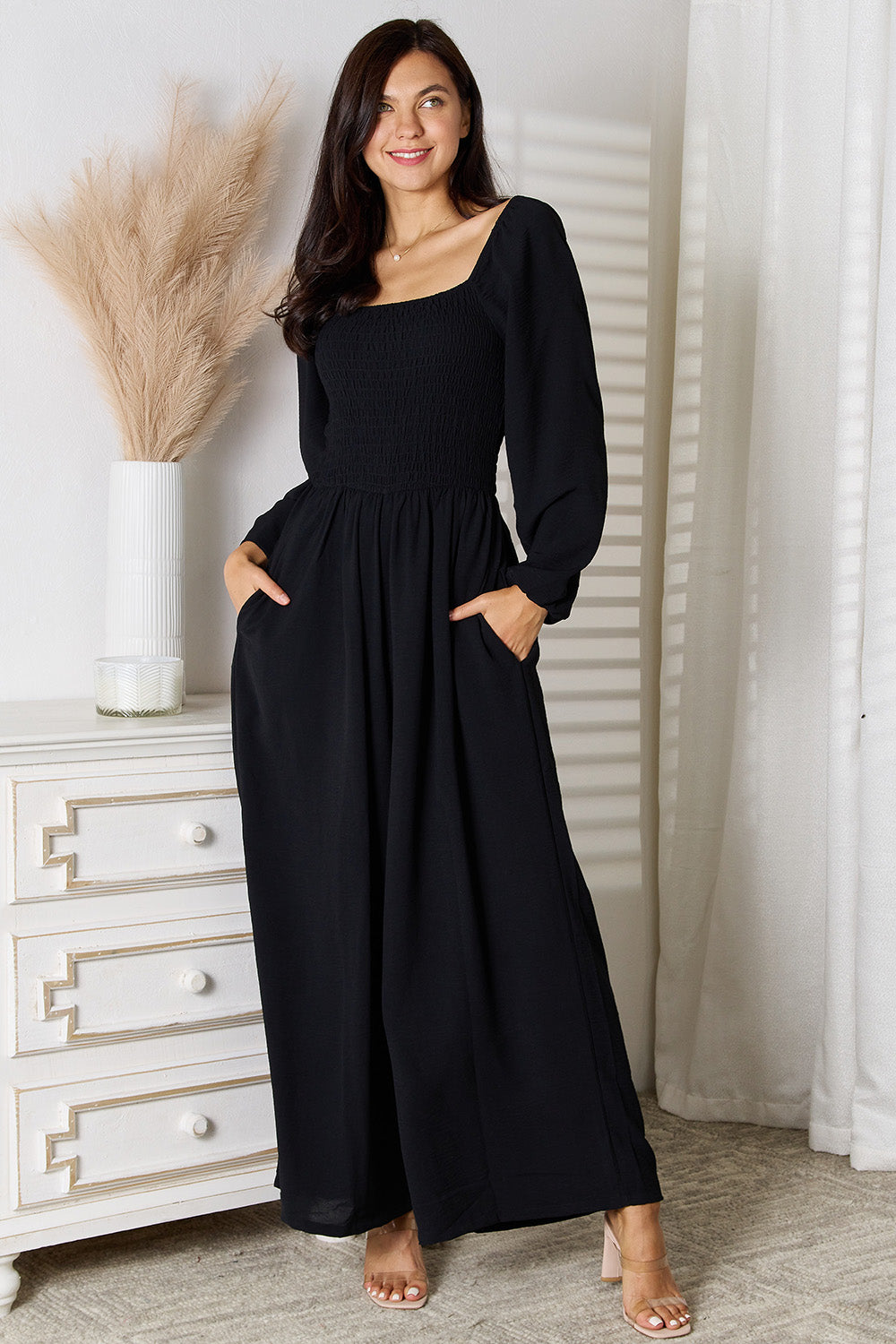 Double Take Black Square Neck Smocked Jumpsuit with Pockets