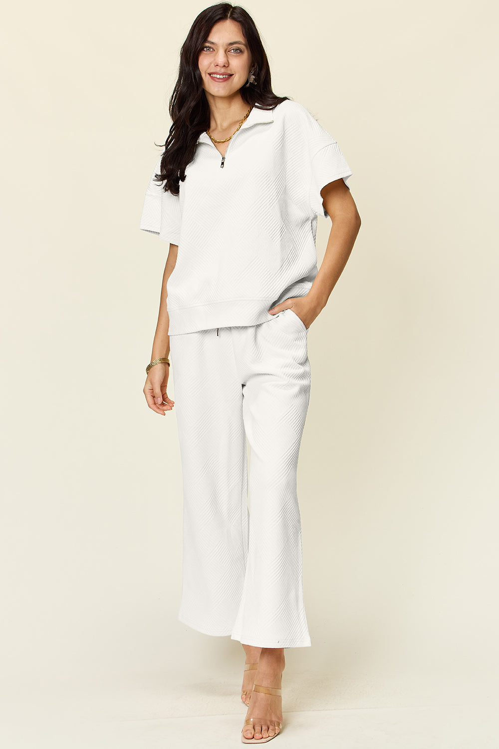 Double Take Texture Half Zip Short Sleeve Top and Pants Set Several Color Options