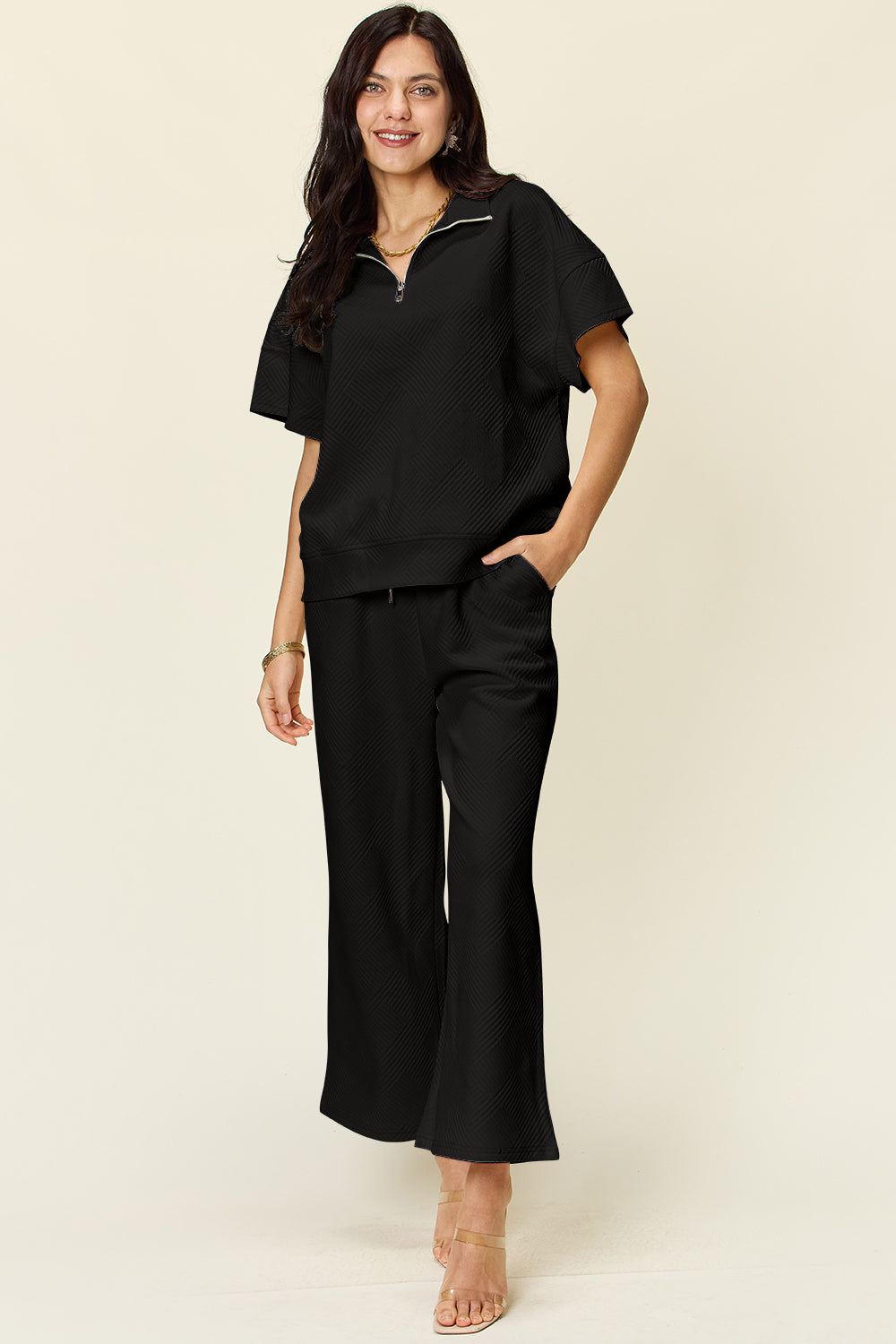 Double Take Texture Half Zip Short Sleeve Top and Pants Set Several Color Options