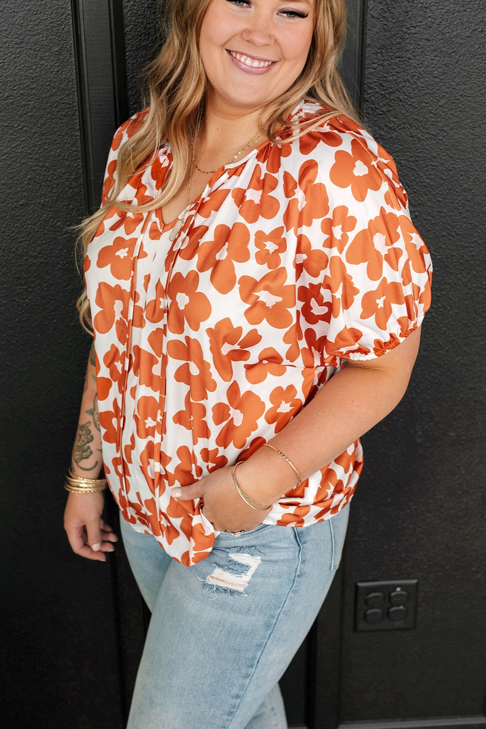 Orange Abstract Floral Printed Tie Neck Short Sleeve Blouse