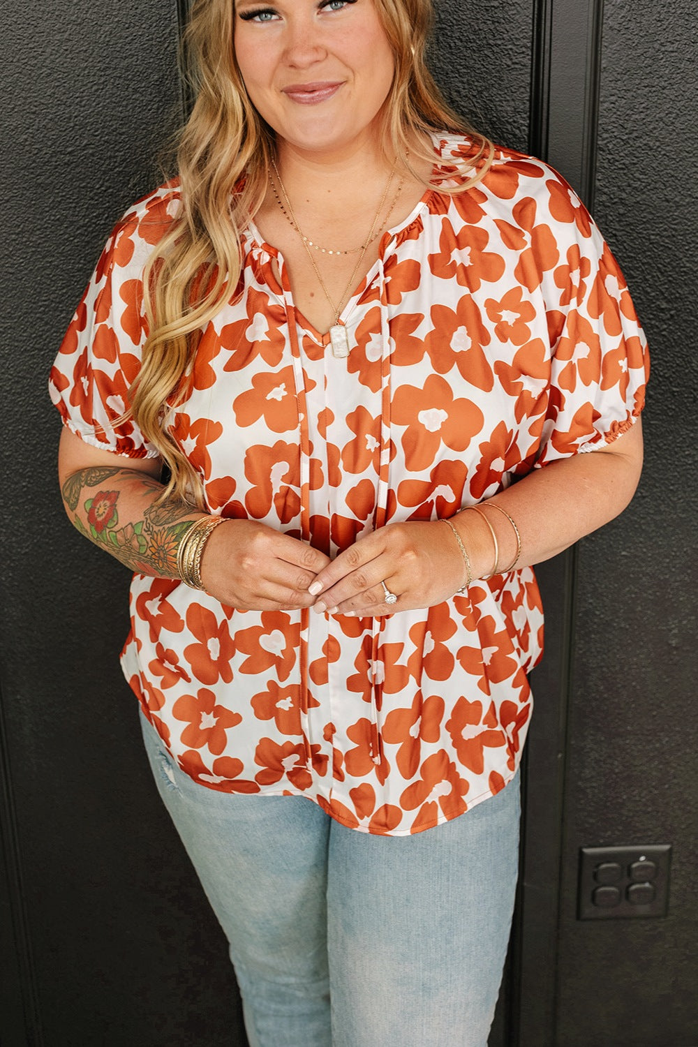 Orange Abstract Floral Printed Tie Neck Short Sleeve Blouse