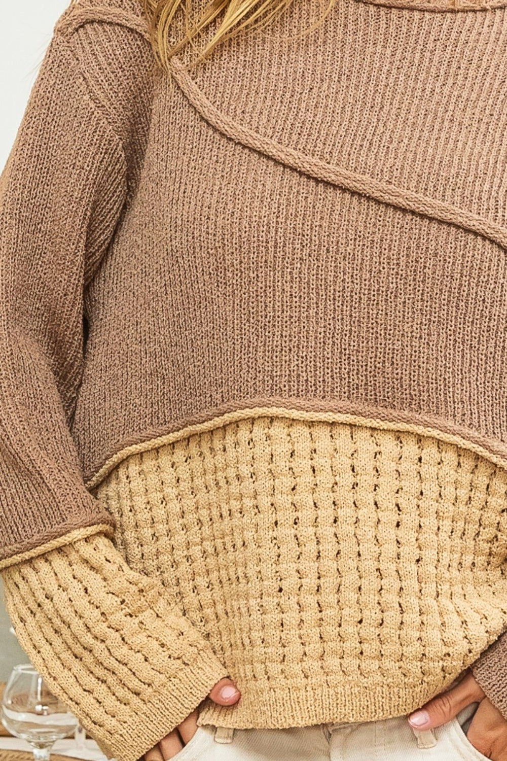 BiBi Texture Detail Contrast Drop Shoulder Waffle Knit Sweater
