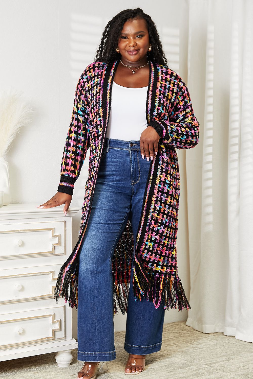 Angel Wings Multicolored Open Front Fringe Hem Cardigan