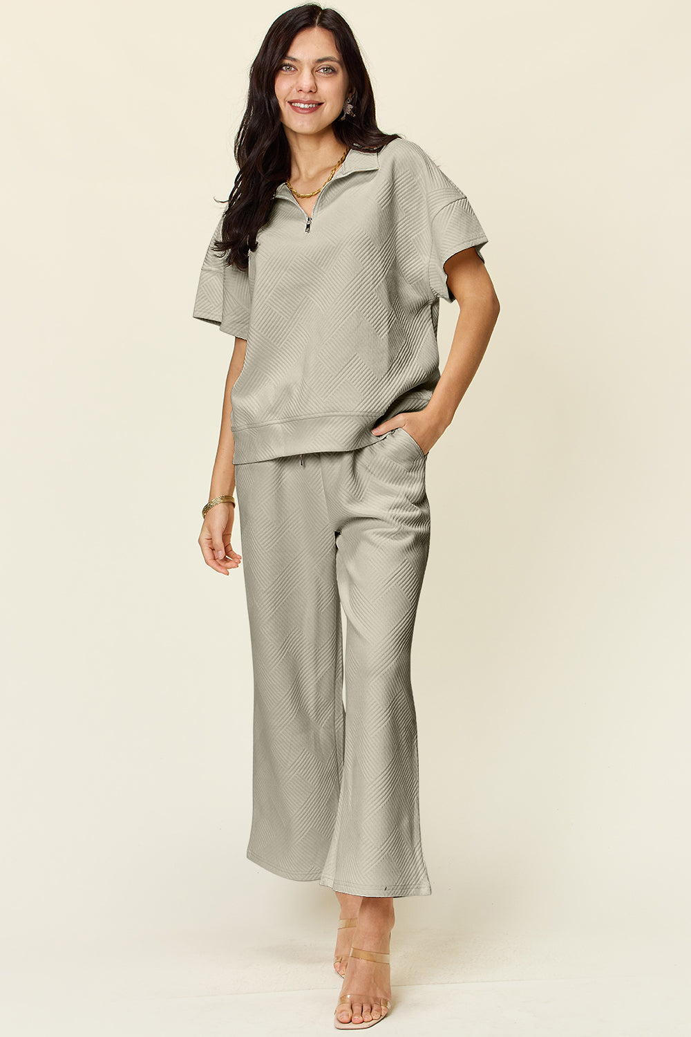 Double Take Texture Half Zip Short Sleeve Top and Pants Set Several Color Options