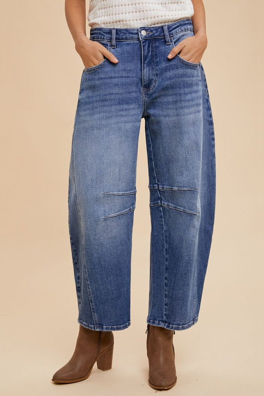 Annie Wear Mid Rise Barrel Leg Jeans with Pockets in Medium Wash