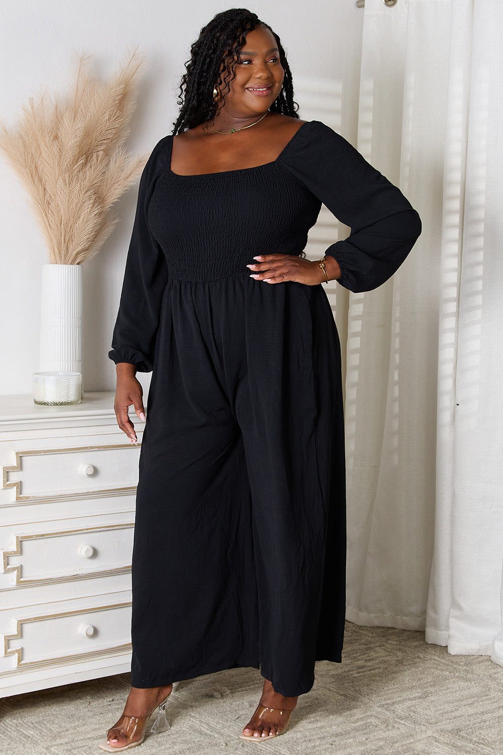 Double Take Black Square Neck Smocked Jumpsuit with Pockets