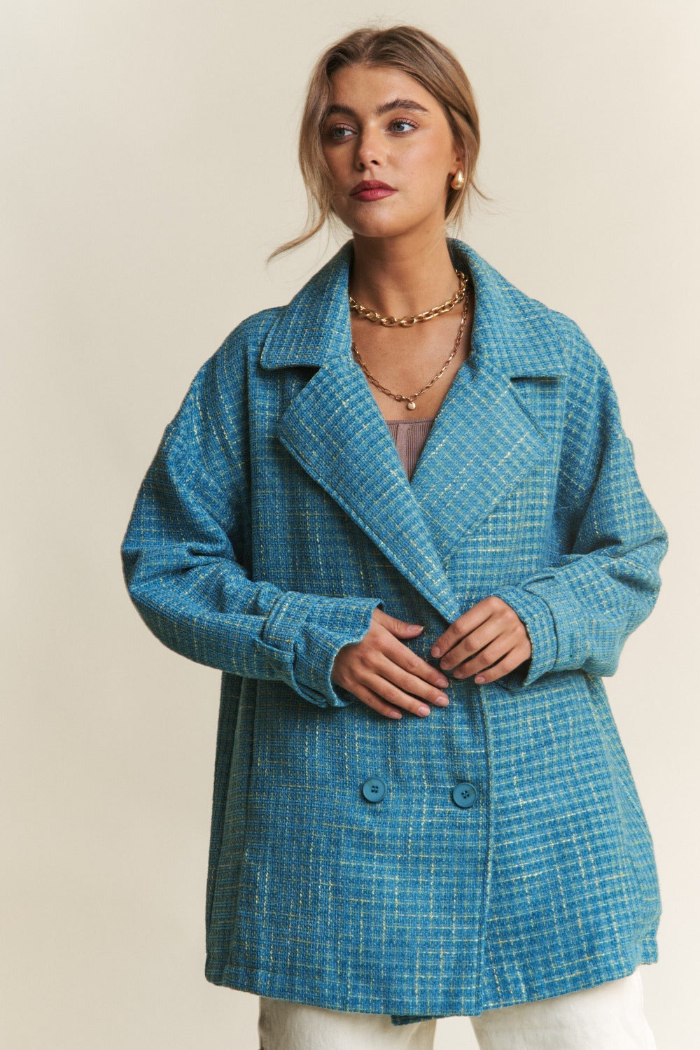 J.NNA Tweed Double-Breasted Long Sleeve Coat in a Gorgeous Emerald Sea Color