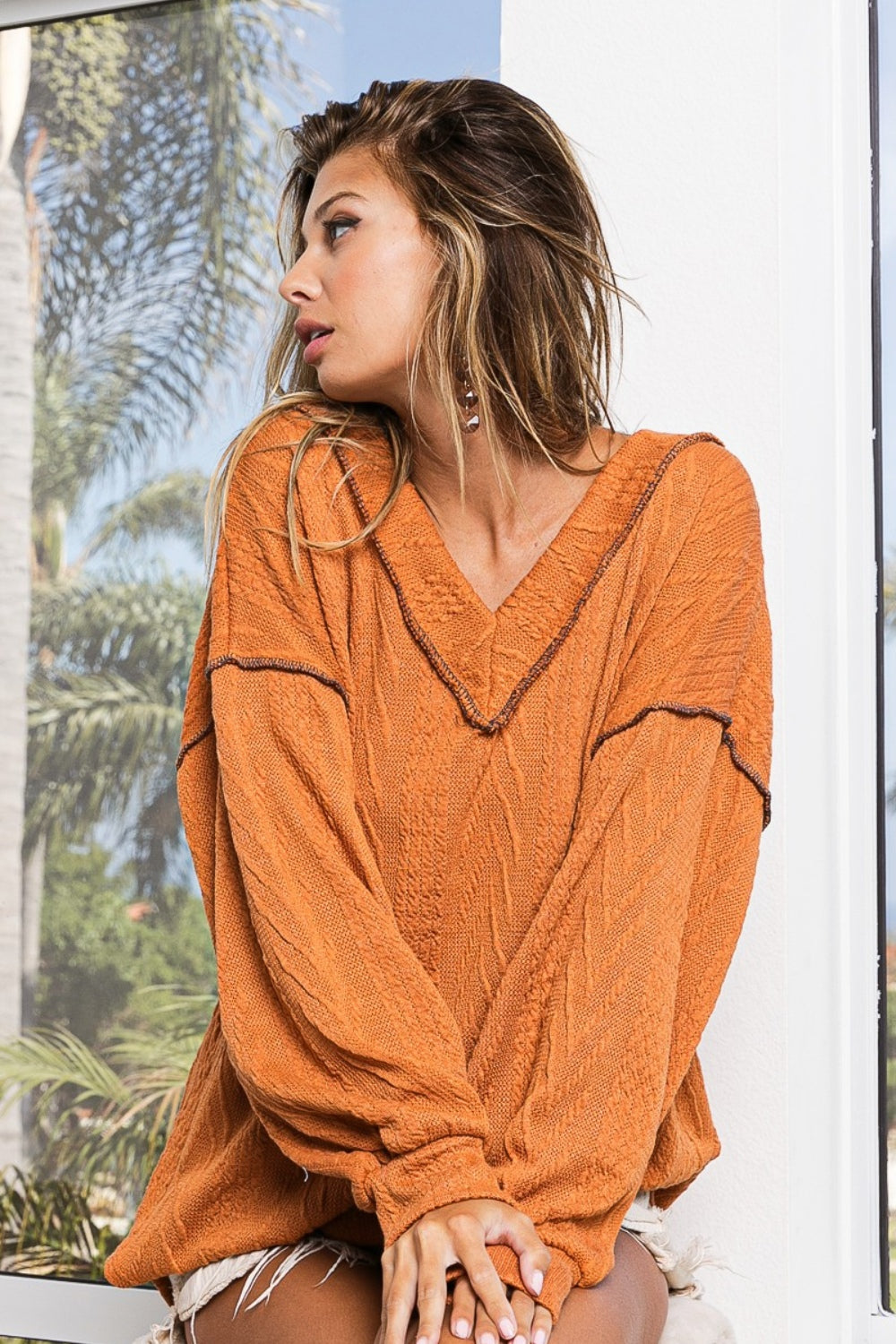 BiBi Oversized Relaxed Fit Textured Exposed Seam Drop Shoulder Knit Top