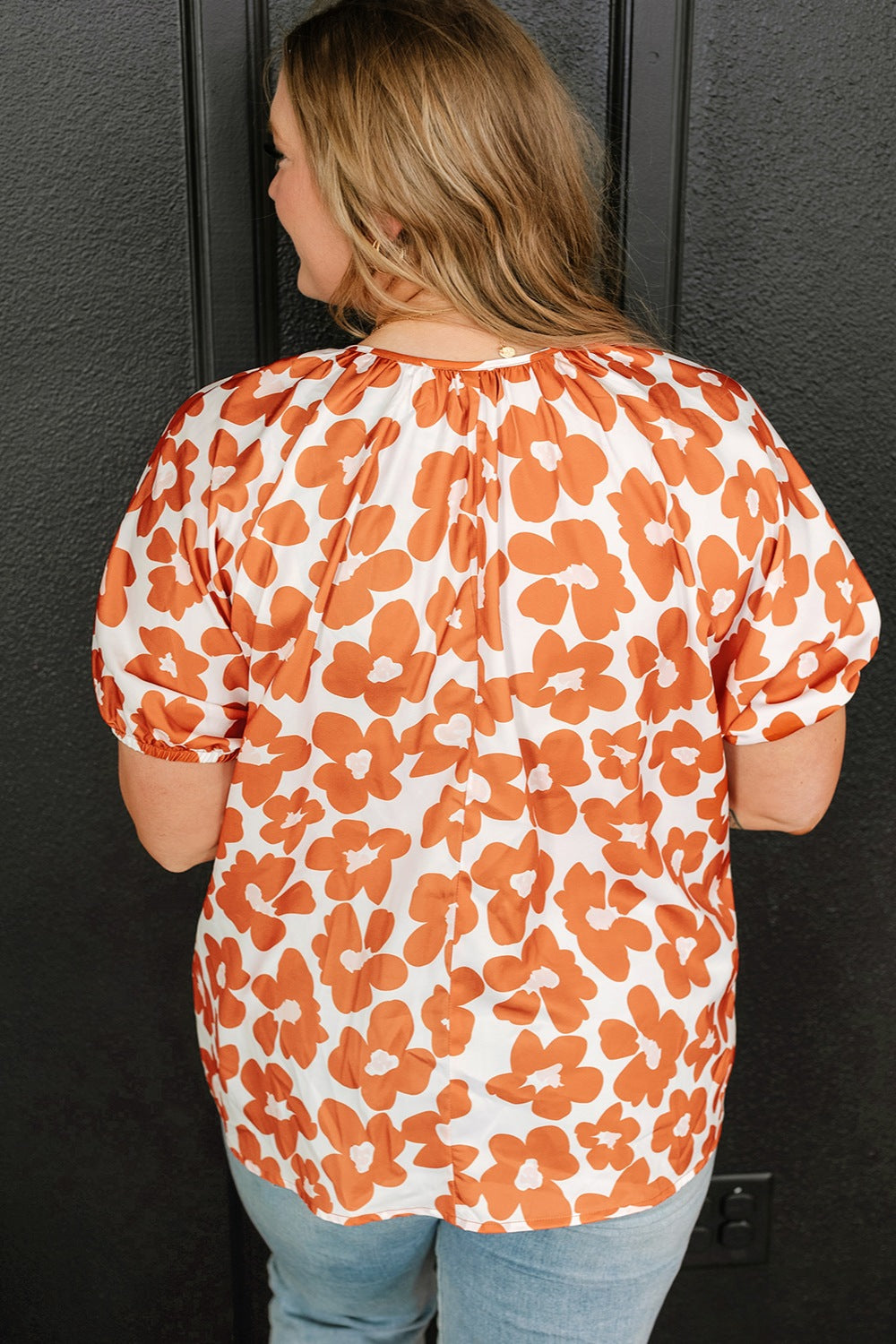 Orange Abstract Floral Printed Tie Neck Short Sleeve Blouse