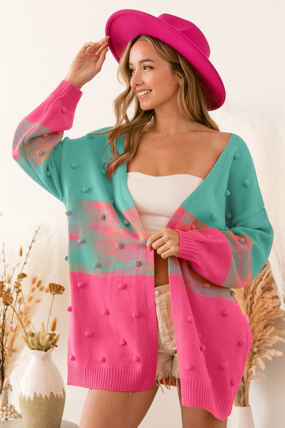 BiBi Color Block Pompom Sweater Cardigan in a Beautiful Turq/Pink Combo